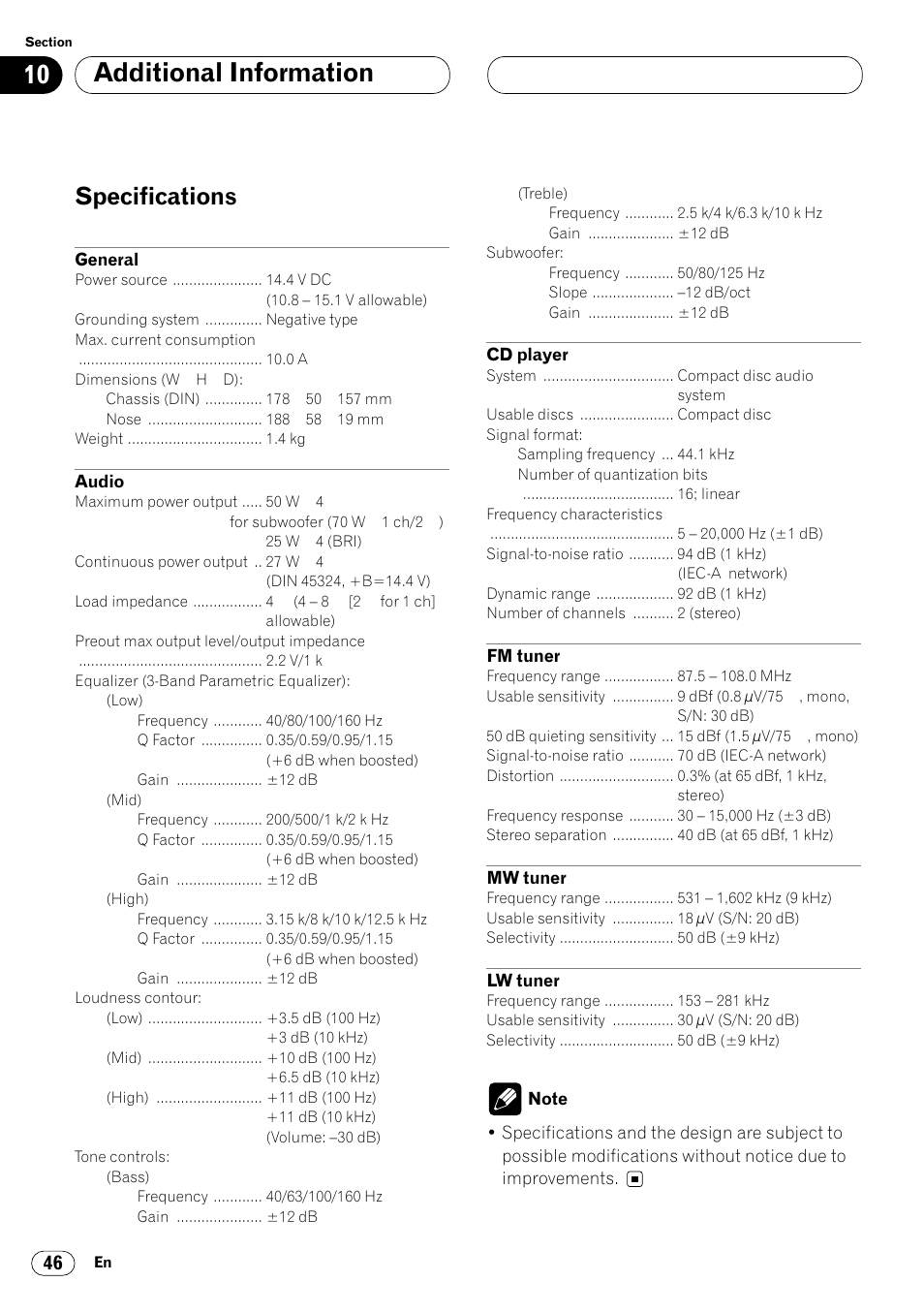 Specifications 46, Additional information, Specifications | Pioneer DEH-P6400R User Manual | Page 46 / 96