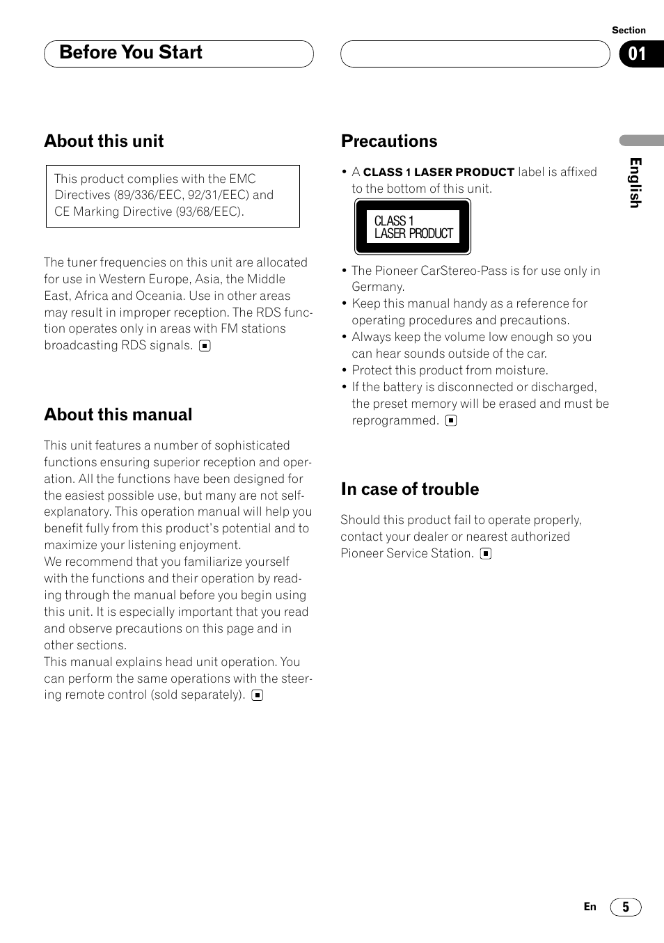 Before you start, About this unit, About this manual | Precautions | Pioneer DEH-P6400R User Manual | Page 5 / 96