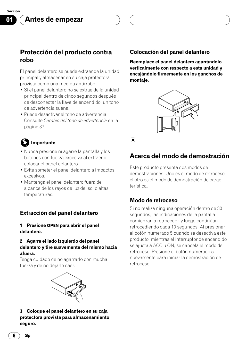 Protección del producto contra robo 6, Acerca del modo de demostración 6, Modo de retroceso 6 | Antes de empezar, Protección del producto contra robo, Acerca del modo de demostración | Pioneer DEH-P6400R User Manual | Page 52 / 96