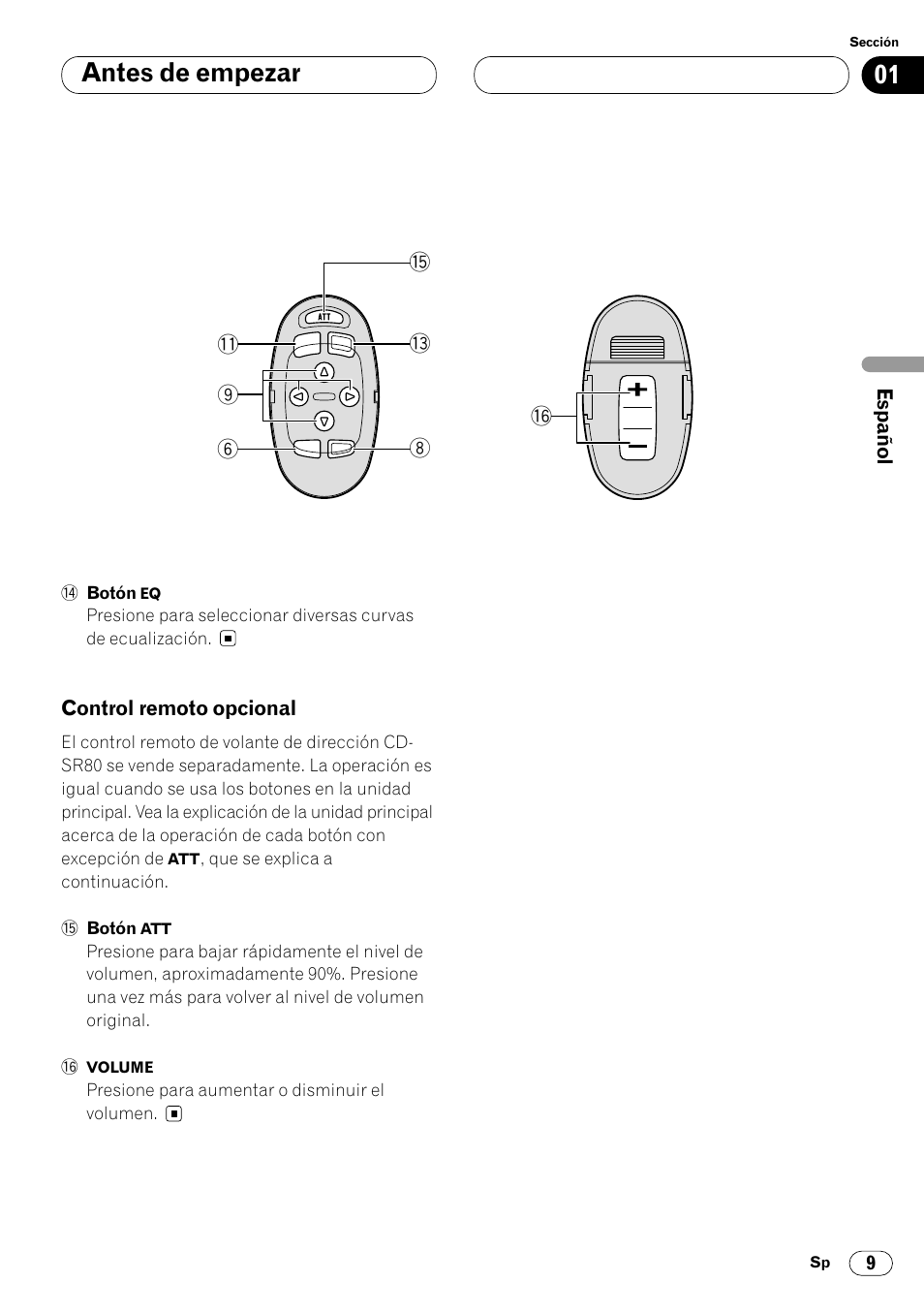 Control remoto opcional 9, 01 antes de empezar | Pioneer DEH-P6400R User Manual | Page 55 / 96