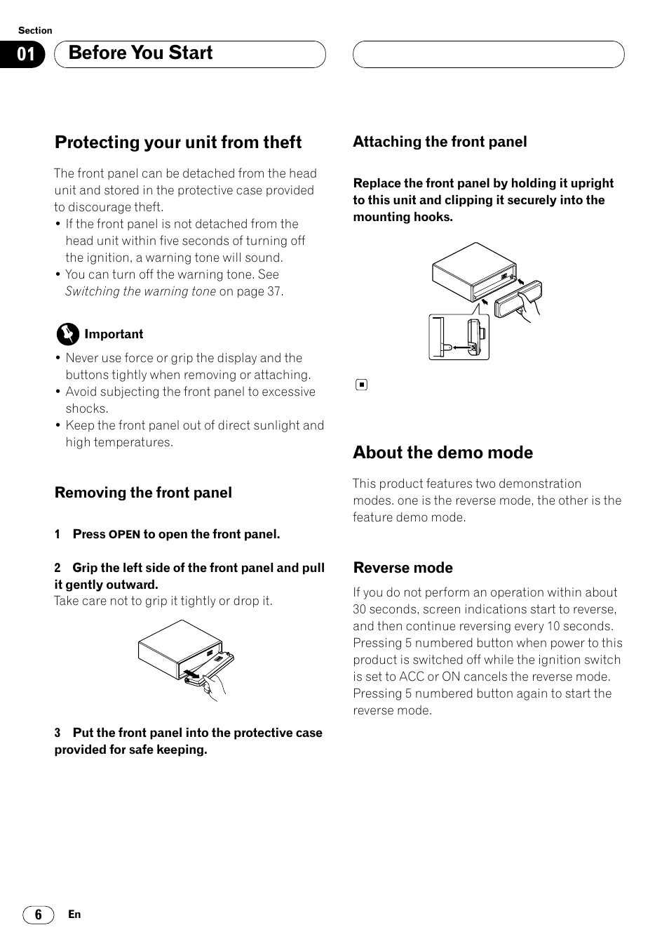 Protecting your unit from theft 6, About the demo mode 6, Reverse mode 6 | Before you start, Protecting your unit from theft, About the demo mode | Pioneer DEH-P6400R User Manual | Page 6 / 96