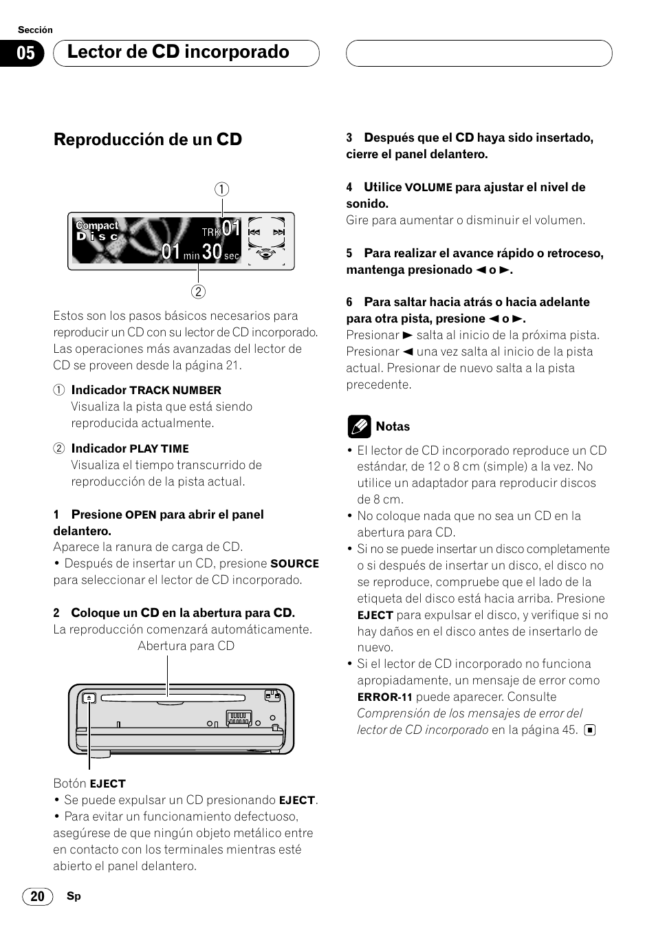 Lector de cd incorporado reproducción de un cd 20, Lector de cd incorporado, Reproducción de un cd | Pioneer DEH-P6400R User Manual | Page 66 / 96