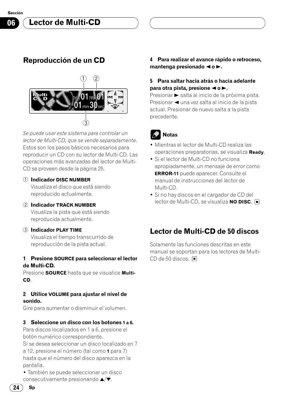 Lector de multi-cd, Reproducción de un cd, Lector de multi-cd de 50 discos | Pioneer DEH-P6400R User Manual | Page 70 / 96