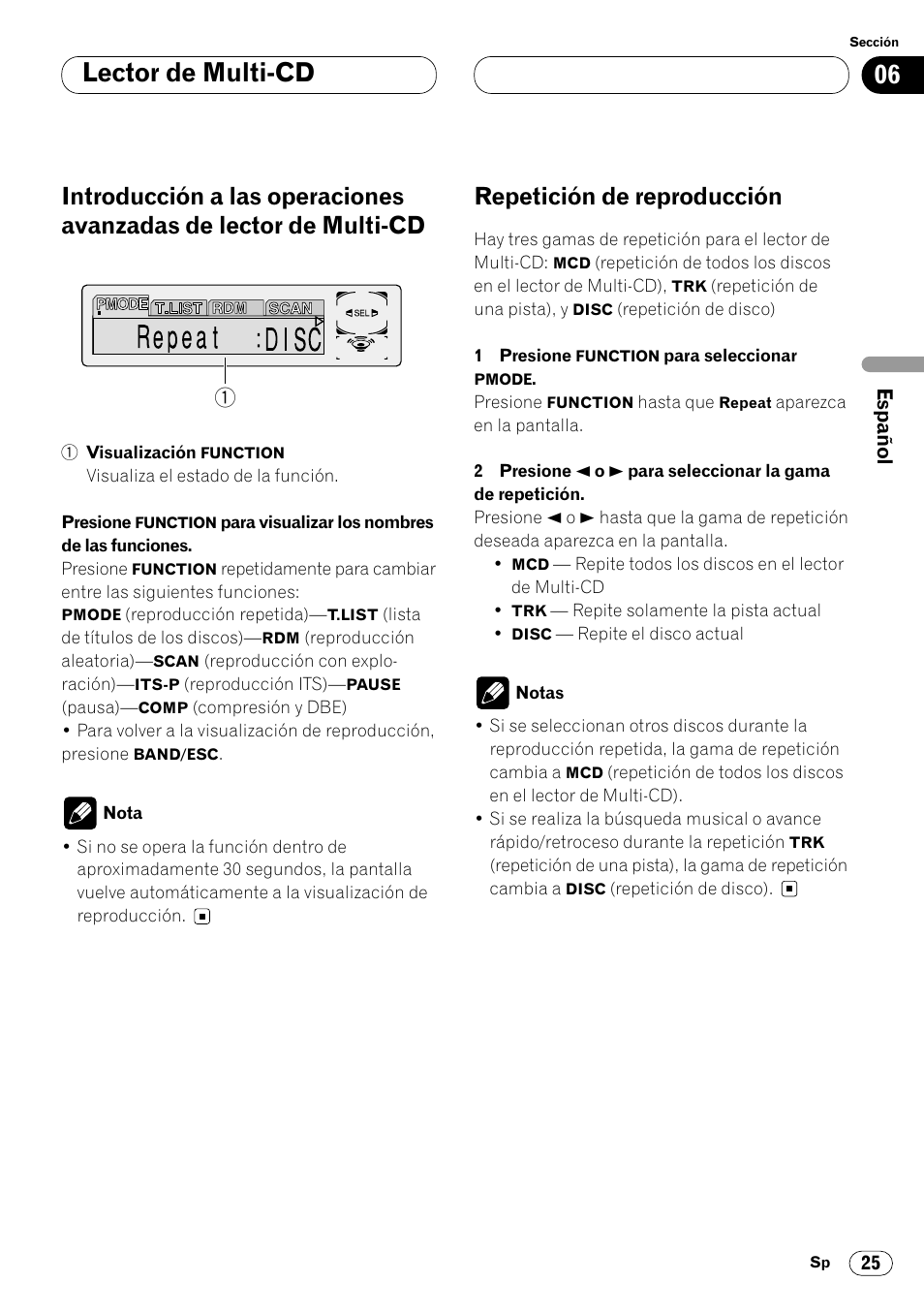 Introducción a las operaciones avanzadas, De lector de multi-cd 25, Repetición de reproducción 25 | Lector de multi-cd, Repetición de reproducción | Pioneer DEH-P6400R User Manual | Page 71 / 96