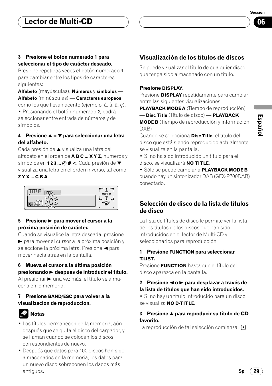 Visualización de los títulos de, Discos 29, Selección de disco de la lista de títulos | De disco 29, Lector de multi-cd | Pioneer DEH-P6400R User Manual | Page 75 / 96
