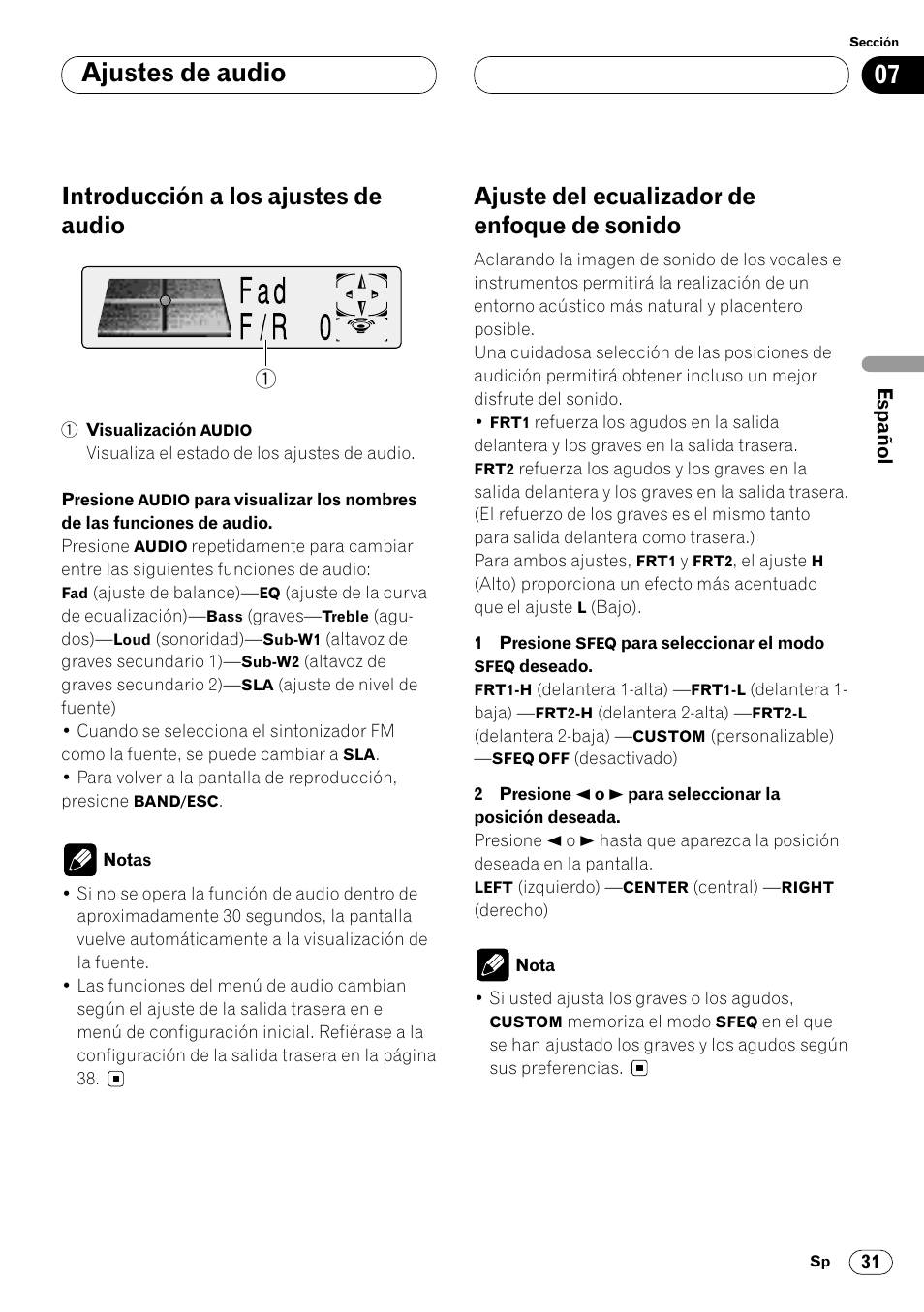 Ajustes de audio, Introducción a los ajustes de audio, Ajuste del ecualizador de enfoque de sonido | Pioneer DEH-P6400R User Manual | Page 77 / 96