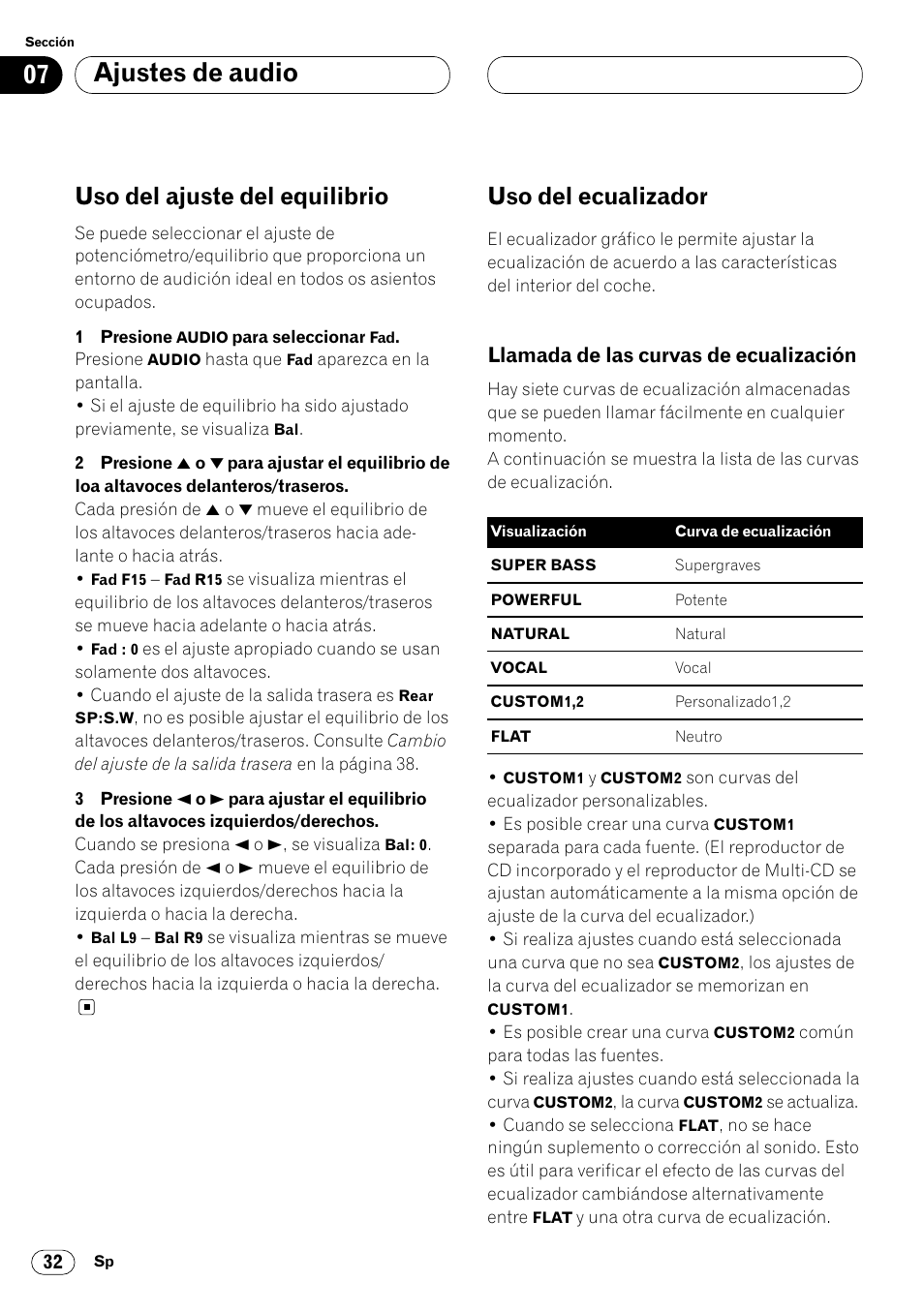 Llamada de las curvas de ecualización 32, Ajustes de audio, Uso del ajuste del equilibrio | Uso del ecualizador, Llamada de las curvas de ecualización | Pioneer DEH-P6400R User Manual | Page 78 / 96