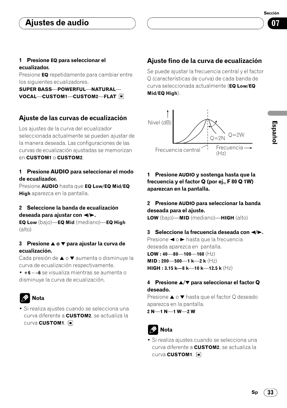 Ajustes de audio, Ajuste de las curvas de ecualización, Ajuste fino de la curva de ecualización | Pioneer DEH-P6400R User Manual | Page 79 / 96