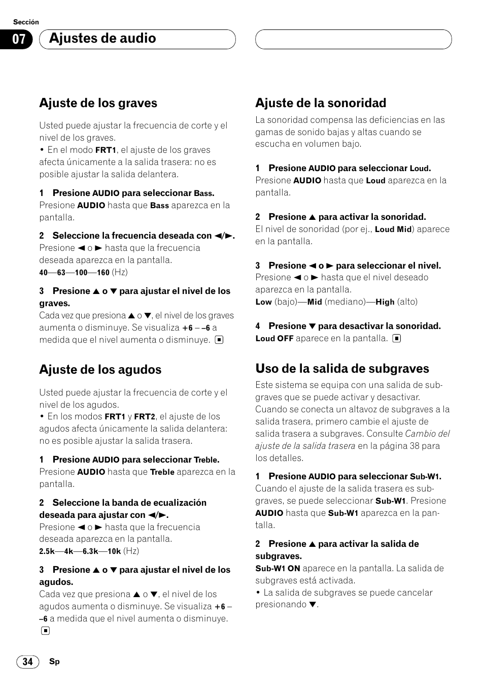 07 ajustes de audio, Ajuste de los graves, Ajuste de los agudos | Ajuste de la sonoridad, Uso de la salida de subgraves | Pioneer DEH-P6400R User Manual | Page 80 / 96