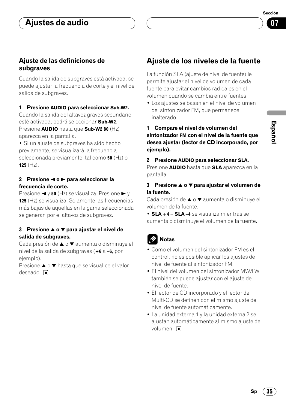 Ajuste de las definiciones de subgraves 35, Ajuste de los niveles de la fuente 35, 07 ajustes de audio | Ajuste de los niveles de la fuente | Pioneer DEH-P6400R User Manual | Page 81 / 96