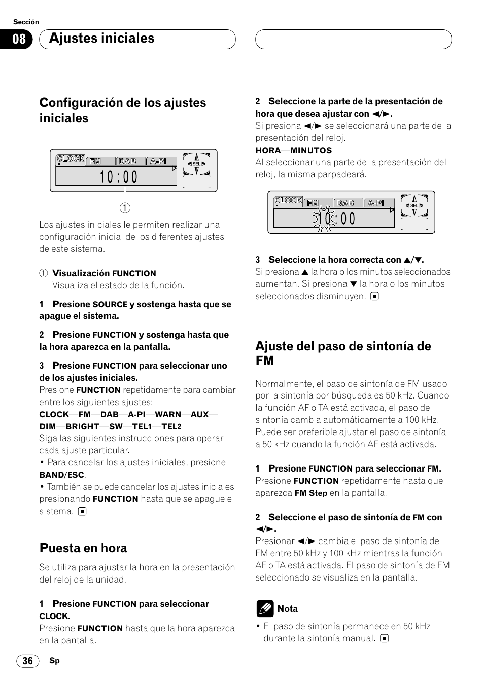 Ajustes iniciales, Configuración de los ajustes iniciales, Puesta en hora | Ajuste del paso de sintonía de fm | Pioneer DEH-P6400R User Manual | Page 82 / 96