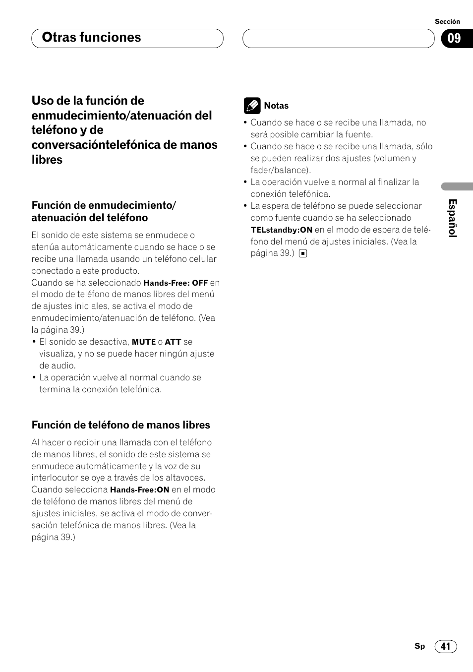 Uso de la función de enmudecimiento, Atenuación del teléfono 41, Función de teléfono de manos | Libres 41, Otras funciones | Pioneer DEH-P6400R User Manual | Page 87 / 96