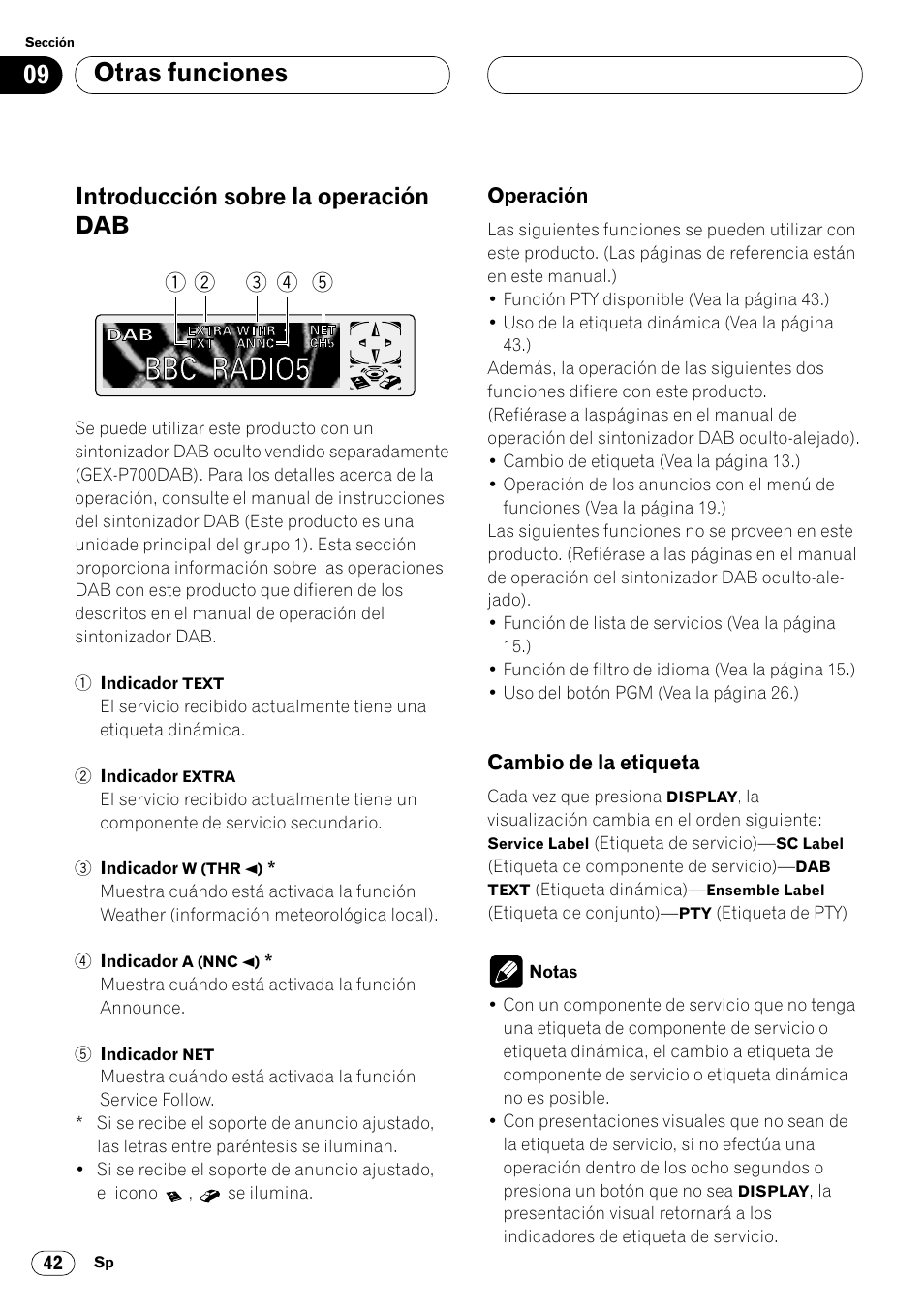 Introducción sobre la operación dab 42, Operación 42 • cambio de la etiqueta 42, Otras funciones | Introducción sobre la operación dab | Pioneer DEH-P6400R User Manual | Page 88 / 96