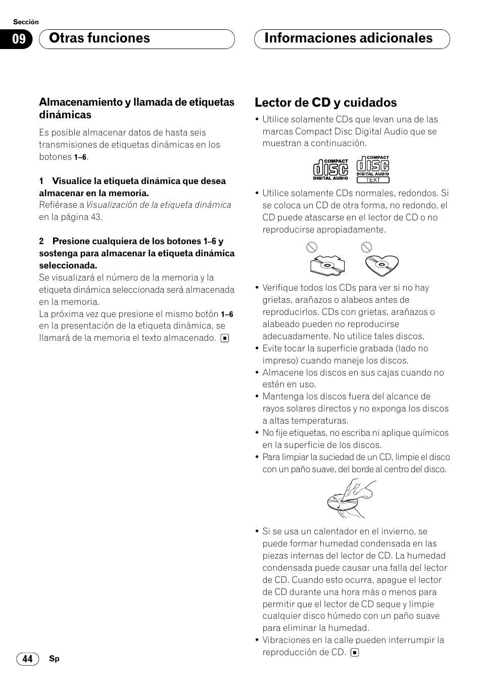 Almacenamiento y llamada de etiquetas, Dinámicas 44, Informaciones adicionales | Otras funciones, Lector de cd y cuidados | Pioneer DEH-P6400R User Manual | Page 90 / 96