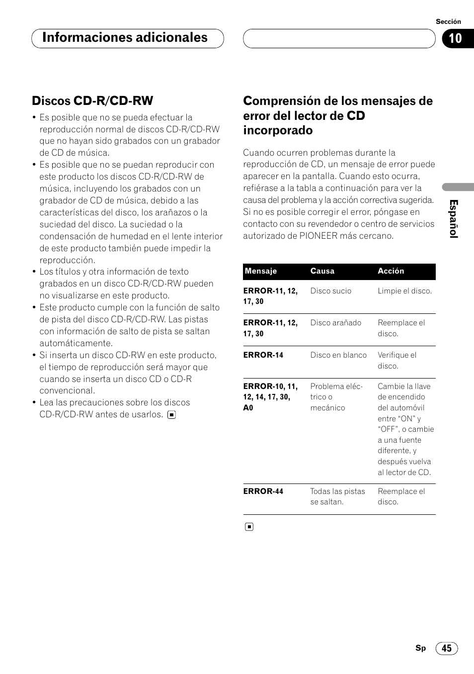 Lector de cd incorporado 45, 10 informaciones adicionales, Discos cd-r/cd-rw | Pioneer DEH-P6400R User Manual | Page 91 / 96