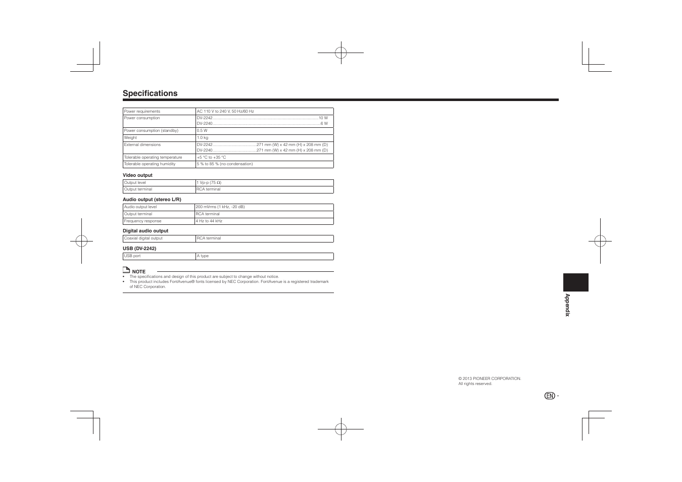 Specifications | Pioneer DV-2240 User Manual | Page 11 / 64