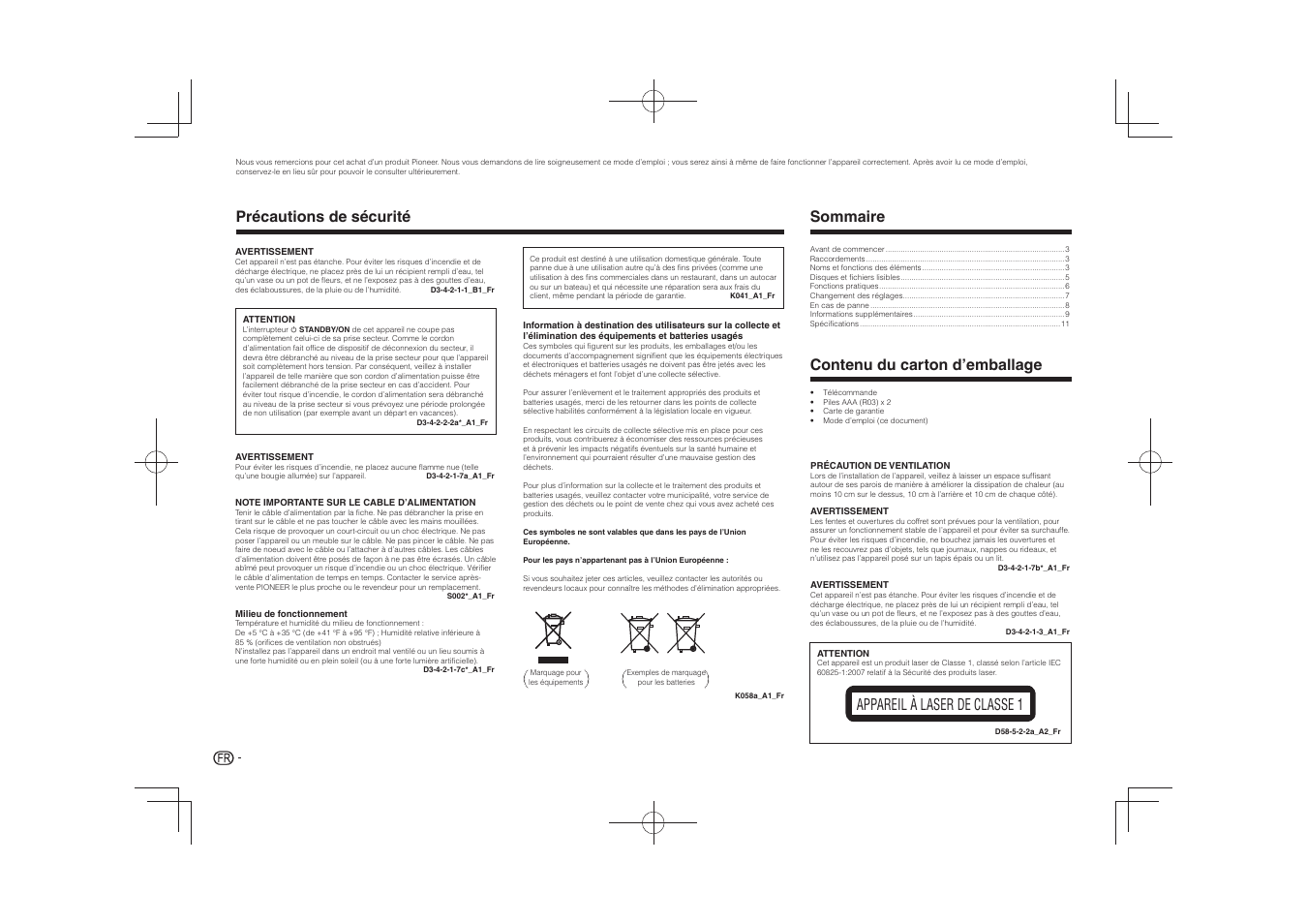 Mode d’emploi, Lecteur dvd, Précautions de sécurité | Appareil à laser de classe 1 sommaire, Contenu du carton d’emballage | Pioneer DV-2240 User Manual | Page 12 / 64