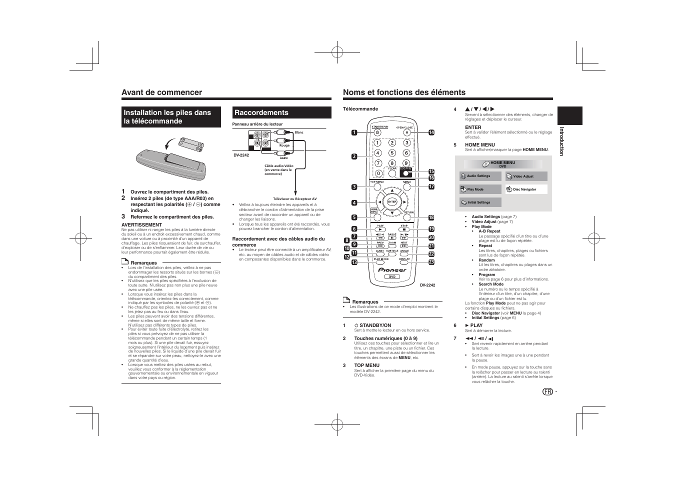 Avant de commencer, Noms et fonctions des éléments, Installation les piles dans la télécommande | Raccordements | Pioneer DV-2240 User Manual | Page 13 / 64