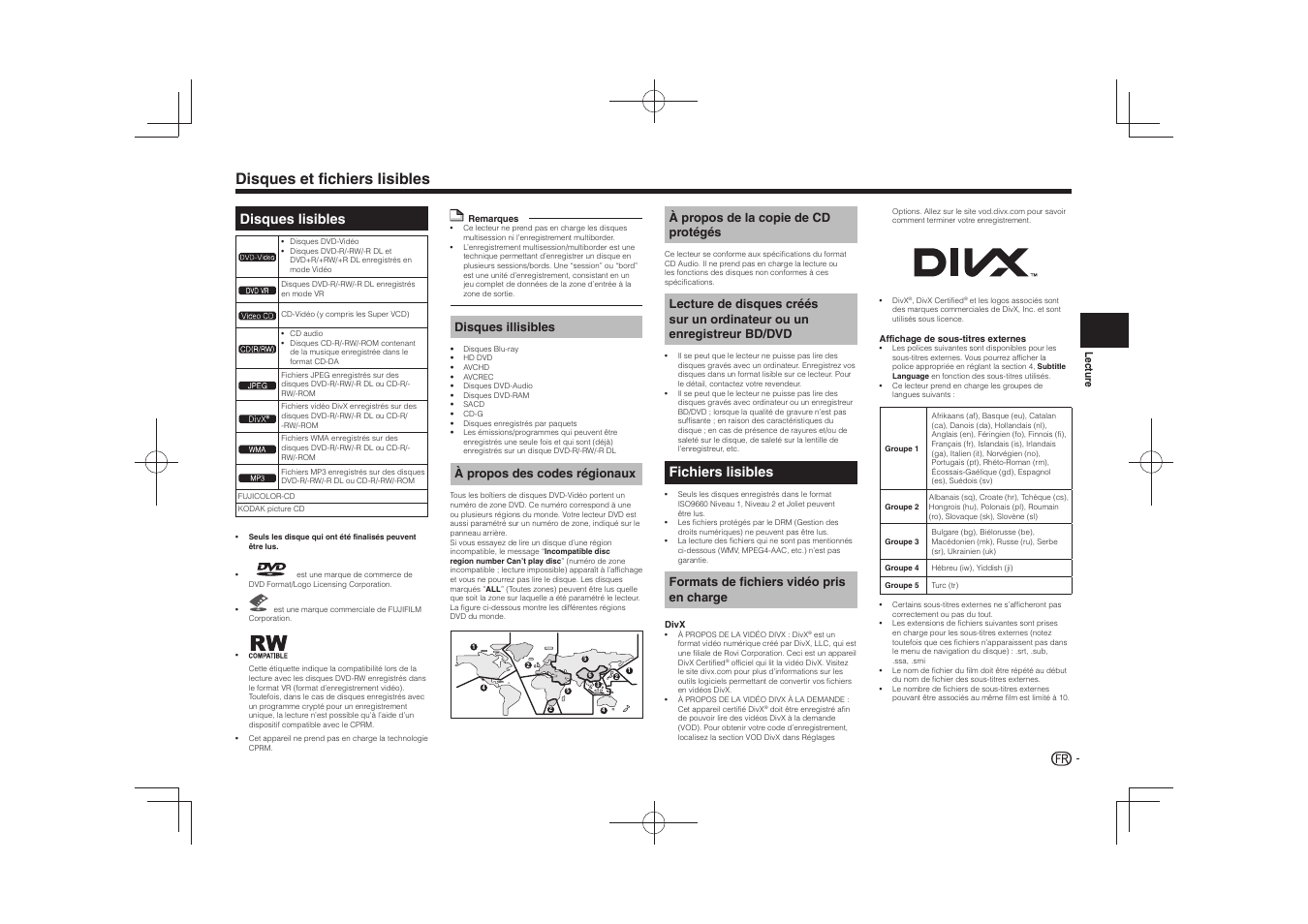 Disques et fichiers lisibles, Disques lisibles, Fichiers lisibles | Disques illisibles, À propos des codes régionaux, À propos de la copie de cd protégés, Formats de fichiers vidéo pris en charge | Pioneer DV-2240 User Manual | Page 15 / 64