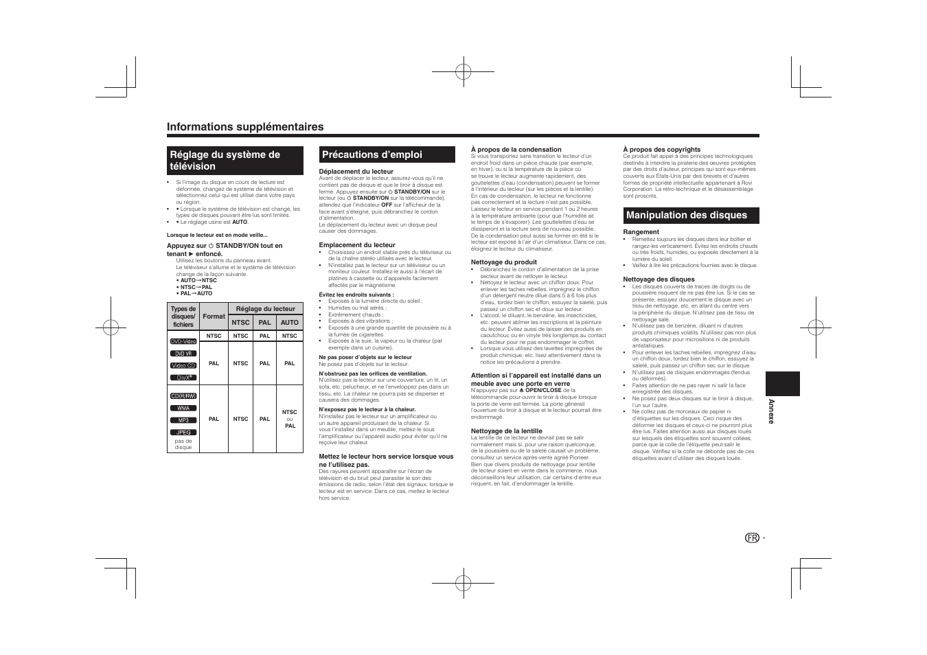 Informations supplémentaires, Réglage du système de télévision, Précautions d’emploi | Manipulation des disques, 䎃䎃 䎃䎃 䎃䎃 䎃䎃 | Pioneer DV-2240 User Manual | Page 19 / 64