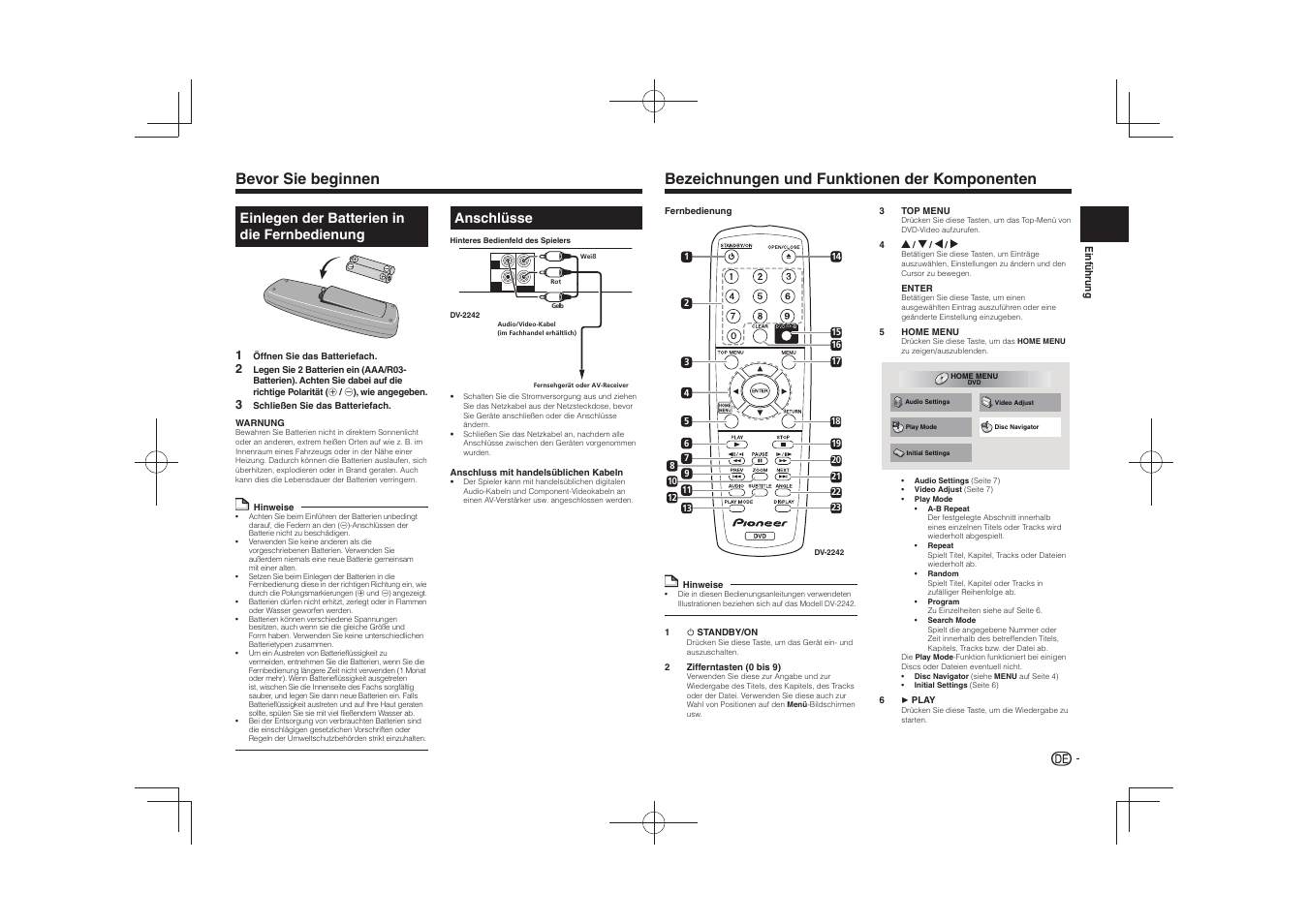 Bevor sie beginnen, Bezeichnungen und funktionen der komponenten, Einlegen der batterien in die fernbedienung | Anschlüsse | Pioneer DV-2240 User Manual | Page 23 / 64