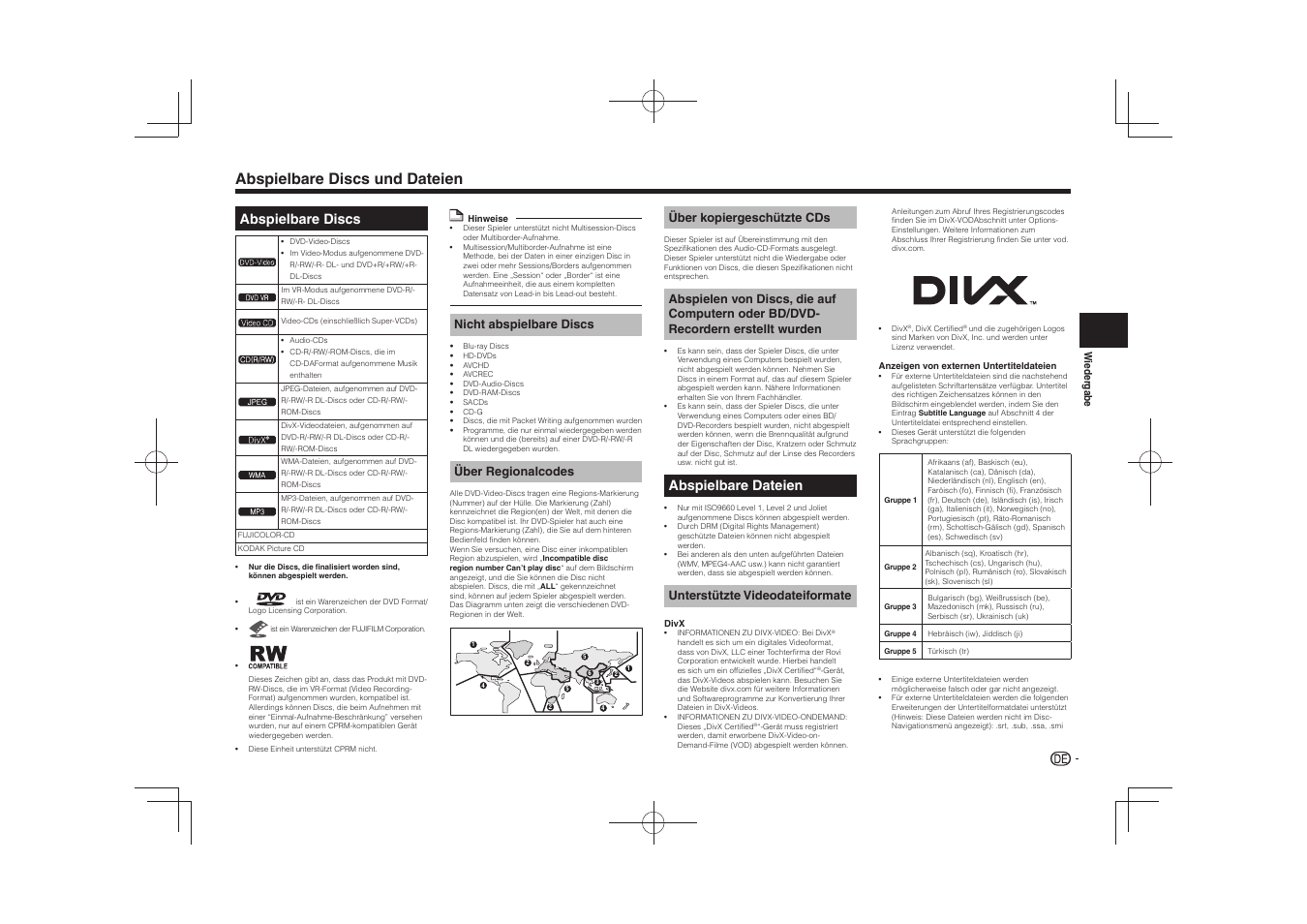 Abspielbare discs und dateien, Abspielbare discs, Abspielbare dateien | Nicht abspielbare discs, Über regionalcodes, Über kopiergeschützte cds, Unterstützte videodateiformate | Pioneer DV-2240 User Manual | Page 25 / 64