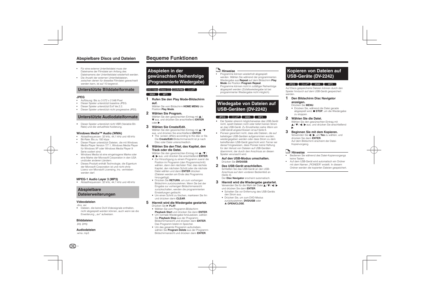 Bequeme funktionen, Wiedegabe von dateien auf usb-geräten (dv-2242), Kopieren von dateien auf usb-geräte (dv-2242) | Pioneer DV-2240 User Manual | Page 26 / 64