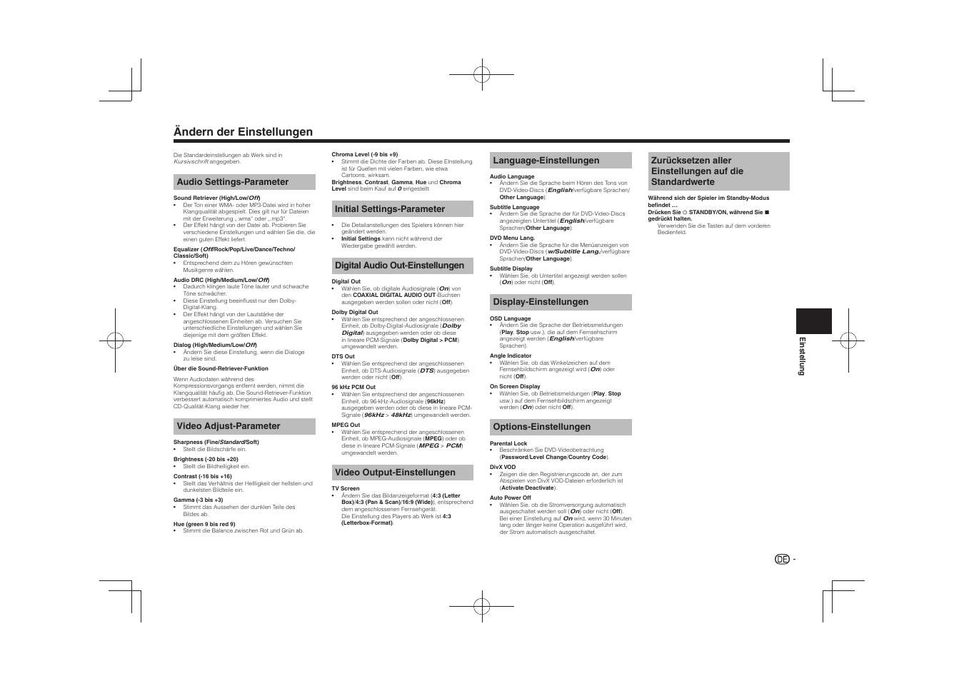 Ändern der einstellungen, Audio settings-parameter, Video adjust-parameter | Initial settings-parameter, Digital audio out-einstellungen, Video output-einstellungen, Language-einstellungen, Display-einstellungen, Options-einstellungen | Pioneer DV-2240 User Manual | Page 27 / 64