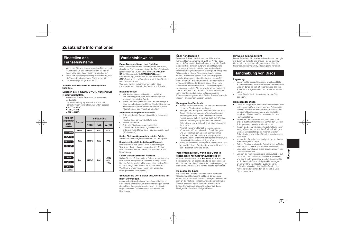 Zusätzliche informationen, Einstellen des fernsehsystems, Vorsichtshinweise | Handhabung von discs, 䎃䎃 䎃䎃 䎃䎃 䎃䎃 | Pioneer DV-2240 User Manual | Page 29 / 64