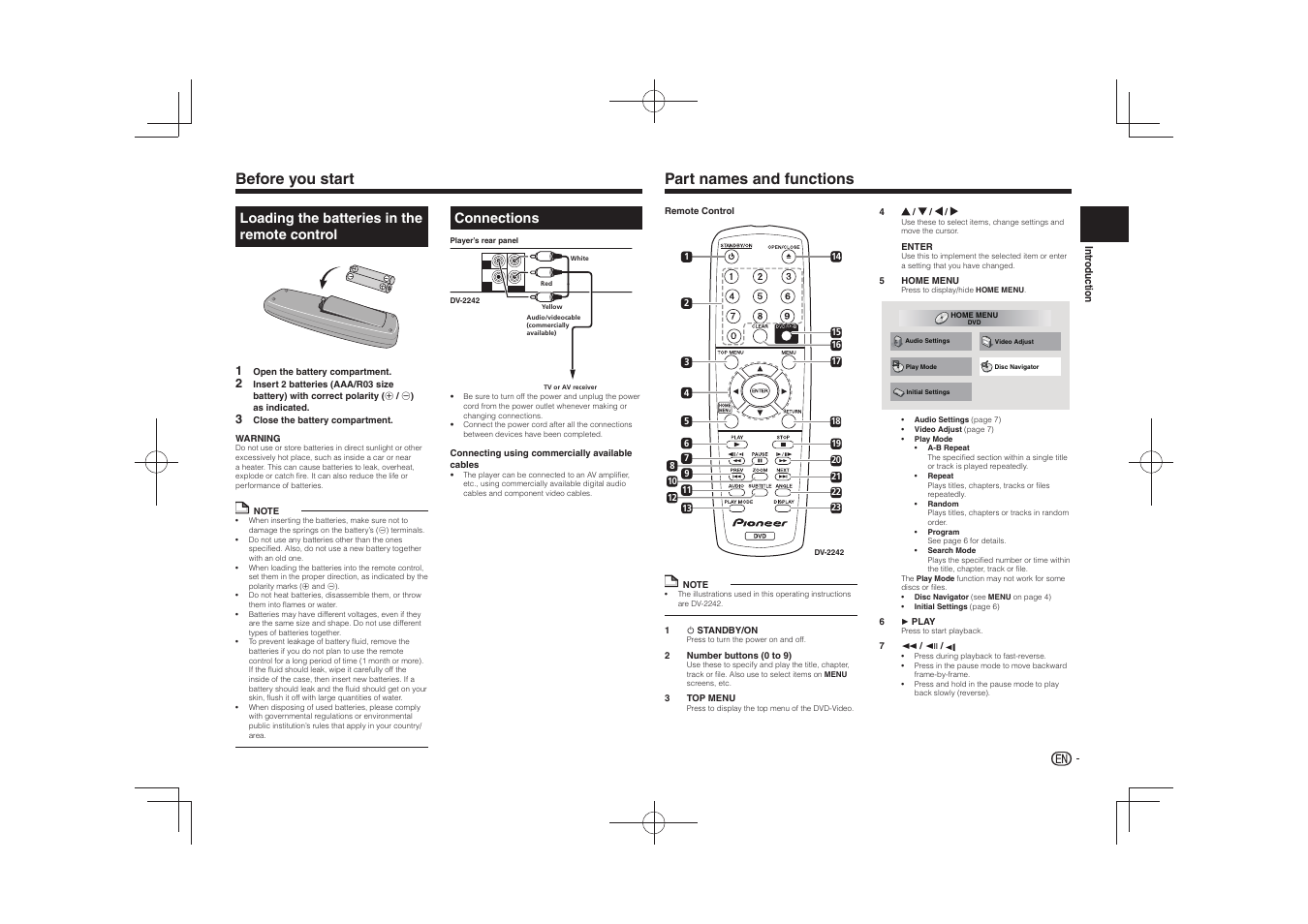 Before you start part names and functions, Before you start, Part names and functions | Loading the batteries in the remote control, Connections | Pioneer DV-2240 User Manual | Page 3 / 64
