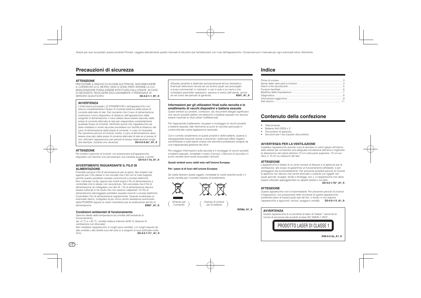 Istruzioni per l’uso, Lettore per dvd, Precauzioni di sicurezza | Prodotto laser di classe 1 indice, Contenuto della confezione | Pioneer DV-2240 User Manual | Page 32 / 64