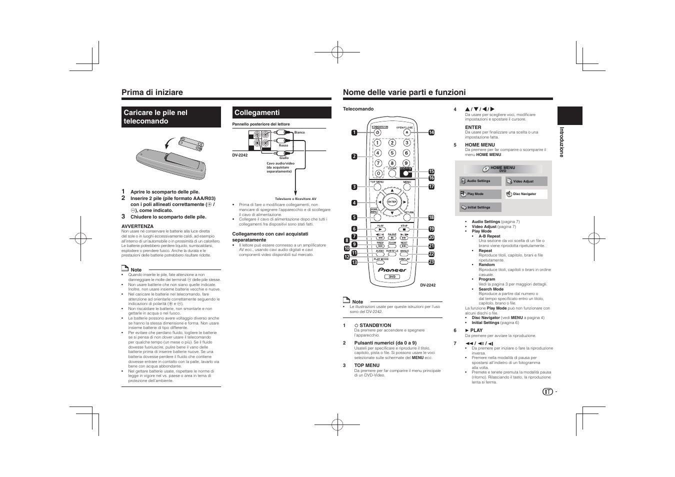 Prima di iniziare, Nome delle varie parti e funzioni, Caricare le pile nel telecomando | Collegamenti | Pioneer DV-2240 User Manual | Page 33 / 64