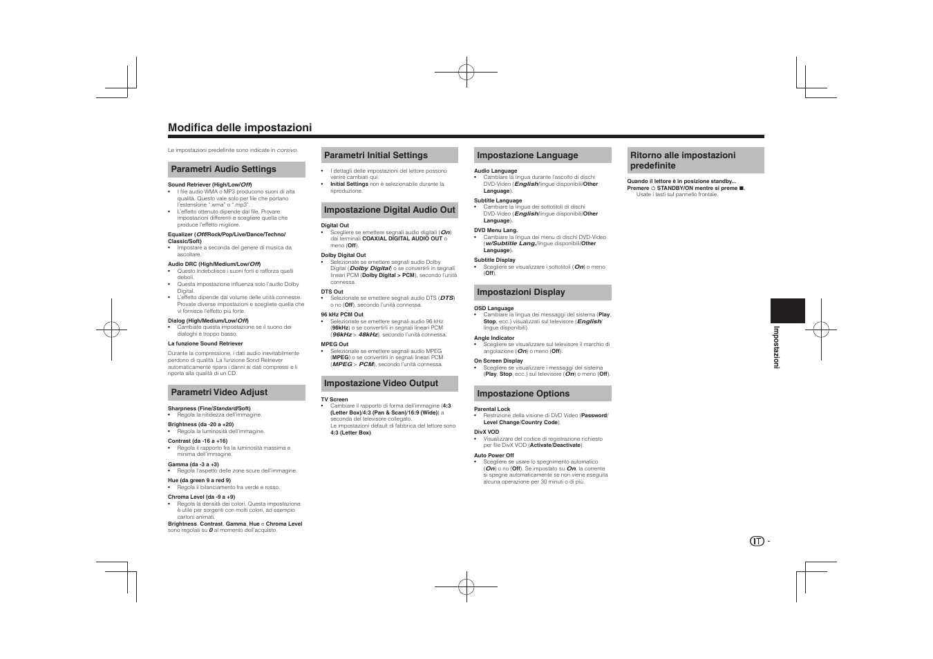 Modifica delle impostazioni, Parametri audio settings, Parametri video adjust | Parametri initial settings, Impostazione digital audio out, Impostazione video output, Impostazione language, Impostazioni display, Impostazione options, Ritorno alle impostazioni predefinite | Pioneer DV-2240 User Manual | Page 37 / 64