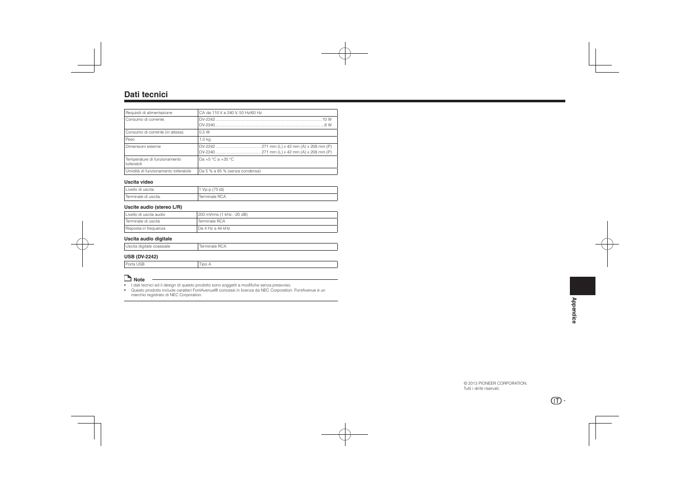 Dati tecnici | Pioneer DV-2240 User Manual | Page 41 / 64