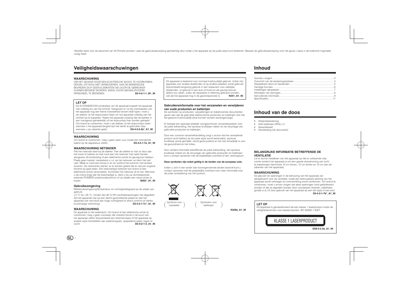 Handleiding, Dvd-speler, Veiligheidswaarschuwingen | Klasse 1 laserproduct inhoud, Inhoud van de doos | Pioneer DV-2240 User Manual | Page 42 / 64