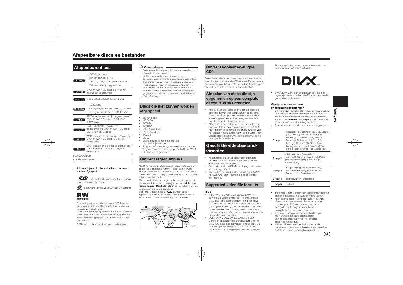 Afspeelbare discs en bestanden, Afspeelbare discs, Geschikte videobestand- formaten | Discs die niet kunnen worden afgespeeld, Omtrent regionummers, Omtrent kopieerbeveiligde cd’s, Supported video file formats | Pioneer DV-2240 User Manual | Page 45 / 64