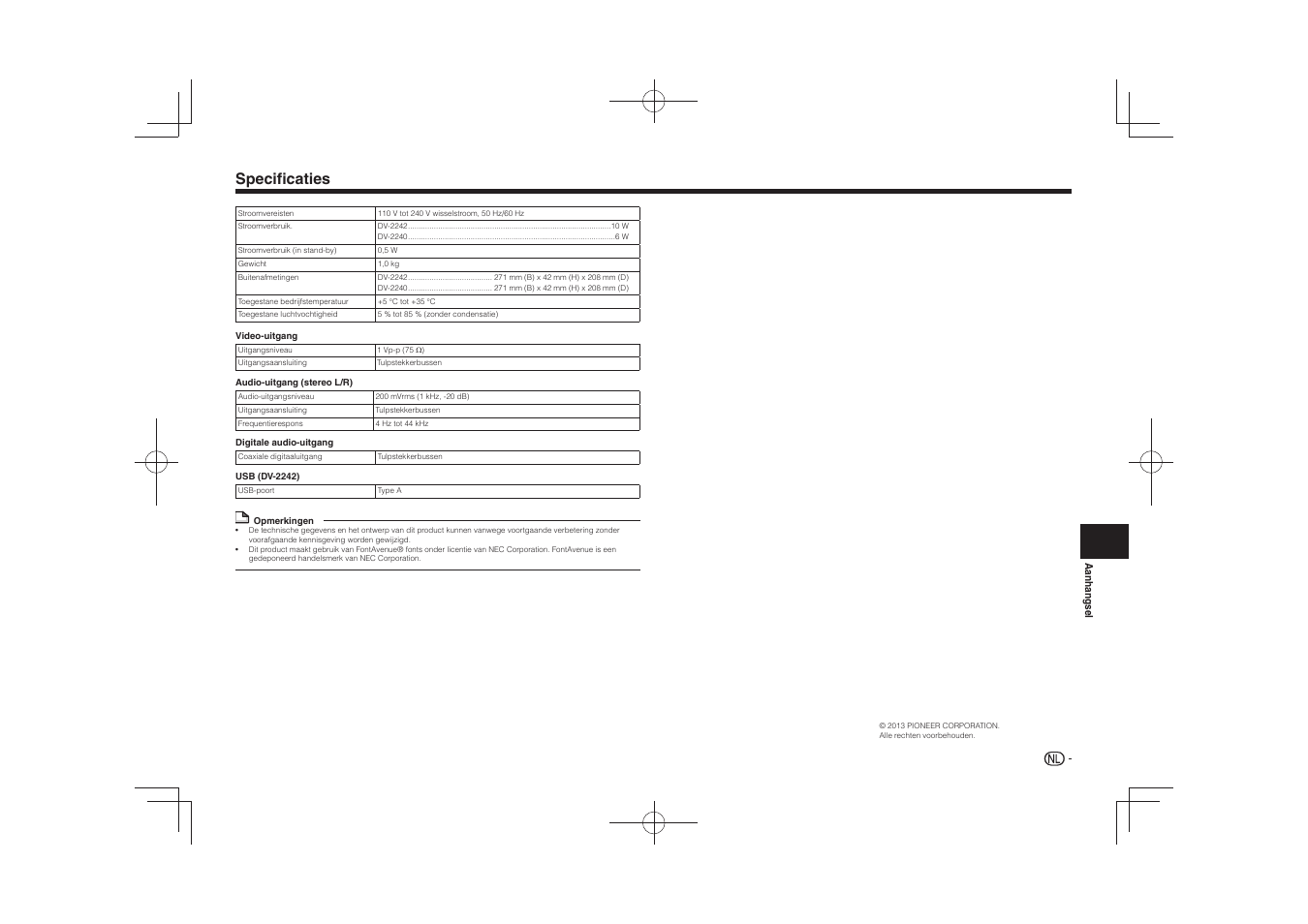 Specificaties | Pioneer DV-2240 User Manual | Page 51 / 64