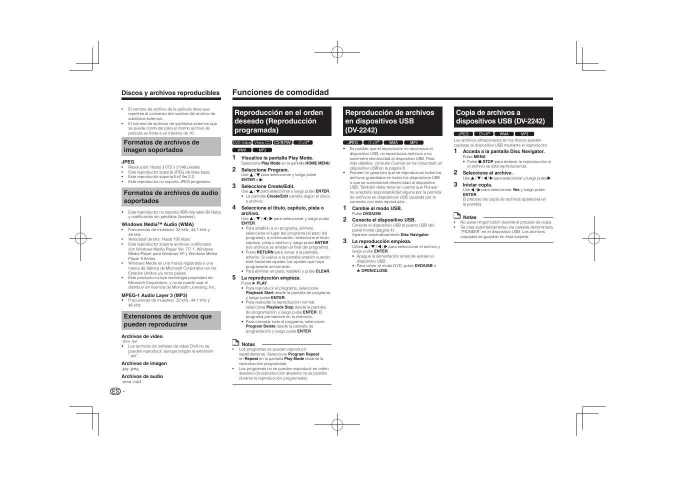 Funciones de comodidad, Copia de archivos a dispositivos usb (dv-2242) | Pioneer DV-2240 User Manual | Page 56 / 64