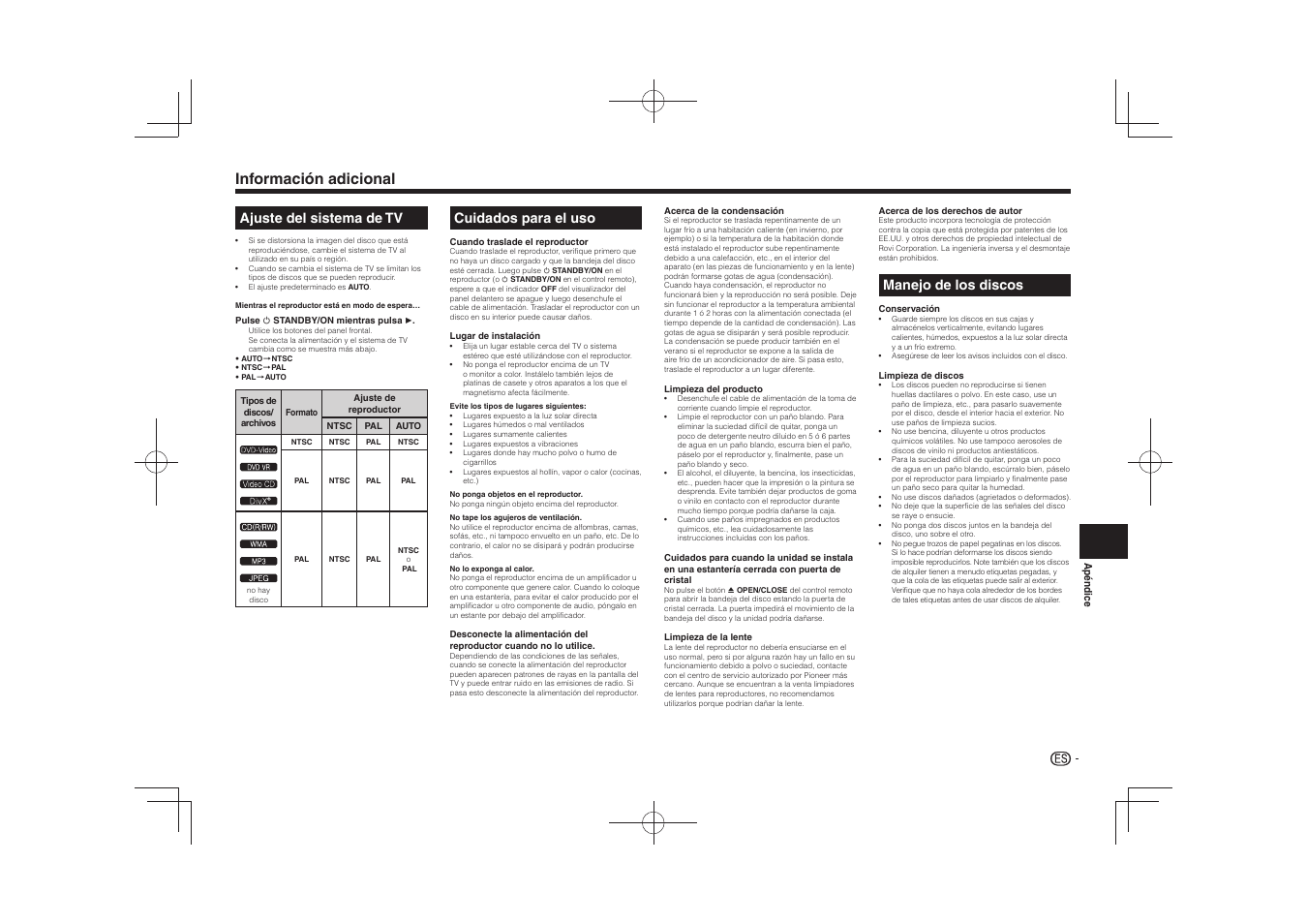 Información adicional, Ajuste del sistema de tv, Cuidados para el uso | Manejo de los discos, 䎃䎃 䎃䎃 䎃䎃 䎃䎃 | Pioneer DV-2240 User Manual | Page 59 / 64