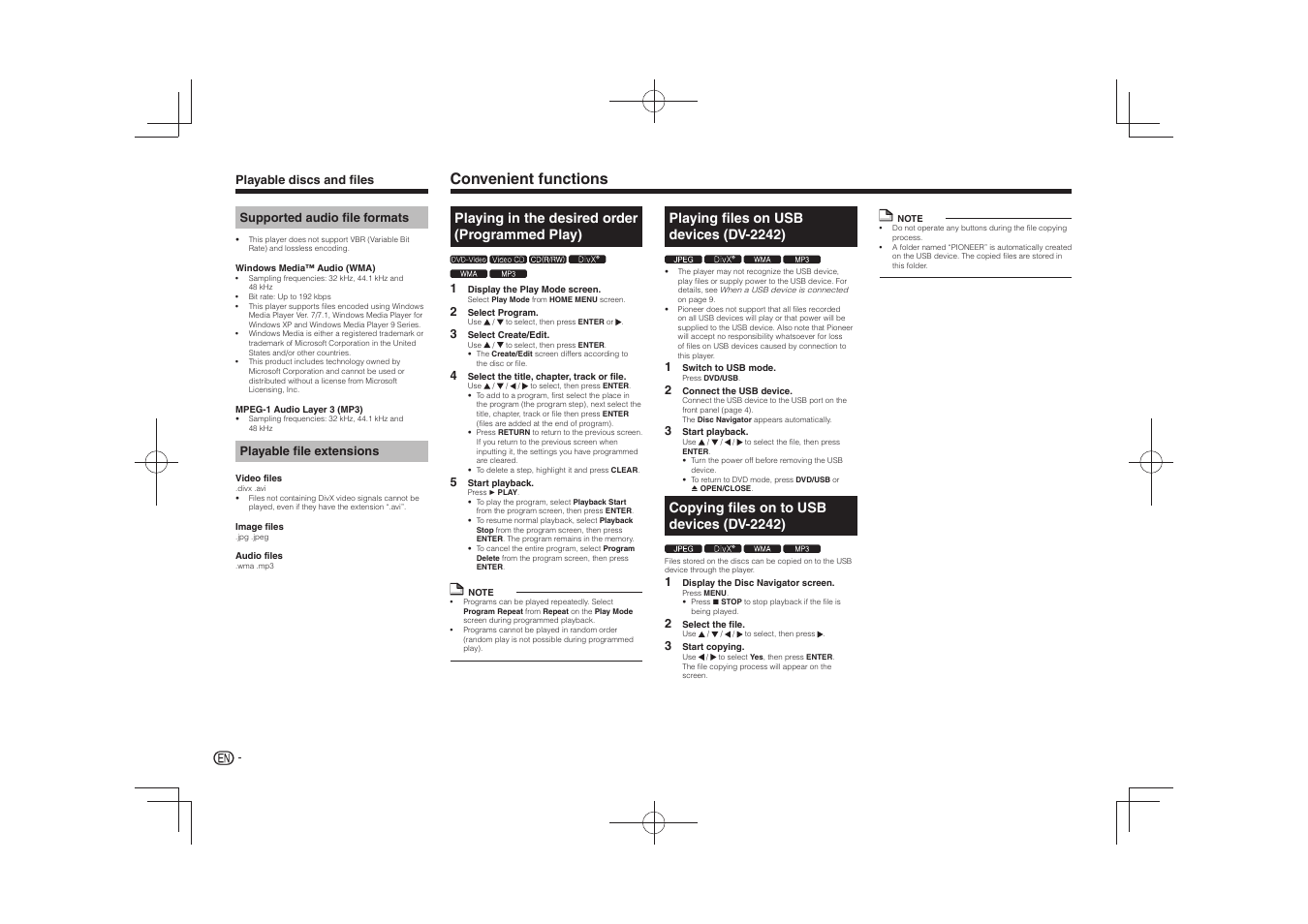Convenient functions, Playing in the desired order (programmed play), Playing files on usb devices (dv-2242) | Copying files on to usb devices (dv-2242) | Pioneer DV-2240 User Manual | Page 6 / 64