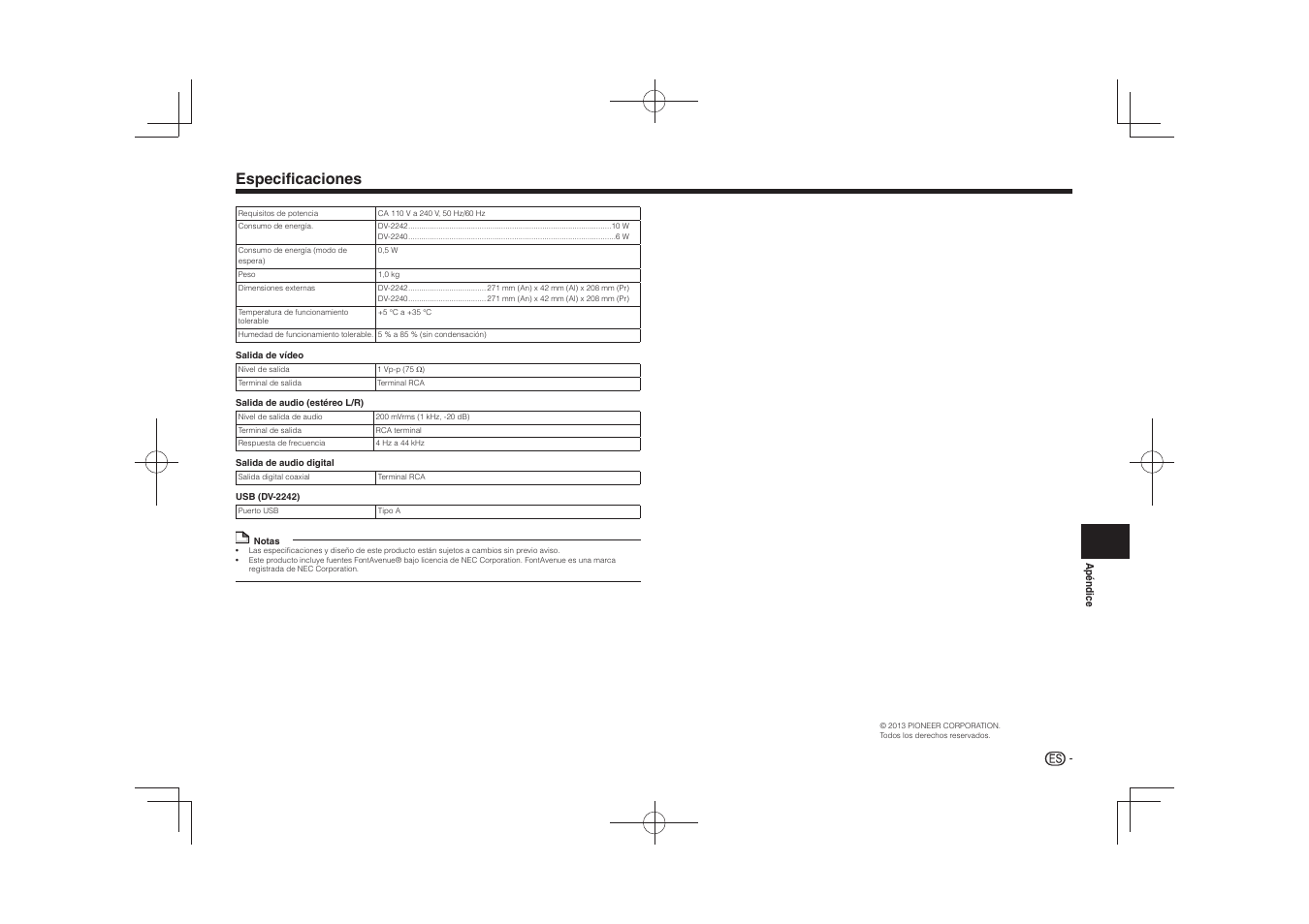 Especificaciones | Pioneer DV-2240 User Manual | Page 61 / 64