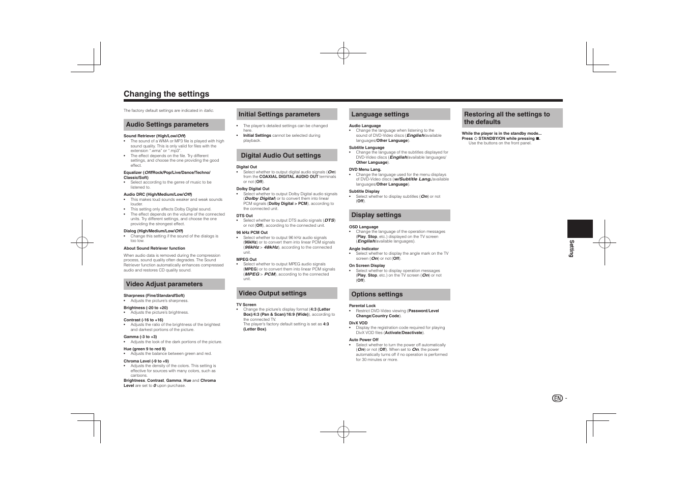 Changing the settings, Audio settings parameters, Video adjust parameters | Initial settings parameters, Digital audio out settings, Video output settings, Language settings, Display settings, Options settings, Restoring all the settings to the defaults | Pioneer DV-2240 User Manual | Page 7 / 64