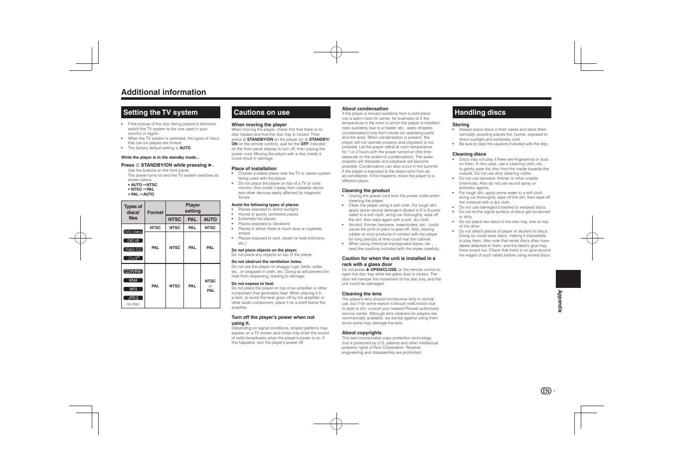 Additional information, Setting the tv system, Cautions on use | Handling discs, 䎃䎃 䎃䎃 䎃䎃 䎃䎃 | Pioneer DV-2240 User Manual | Page 9 / 64