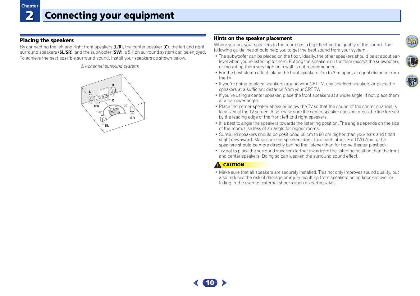 02 connecting your equipment, Placing the speakers, Hints on the speaker placement | Connecting your equipment | Pioneer VSX-423-S User Manual | Page 10 / 41