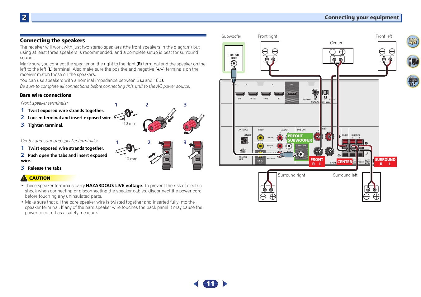 Connecting the speakers | Pioneer VSX-423-S User Manual | Page 11 / 41