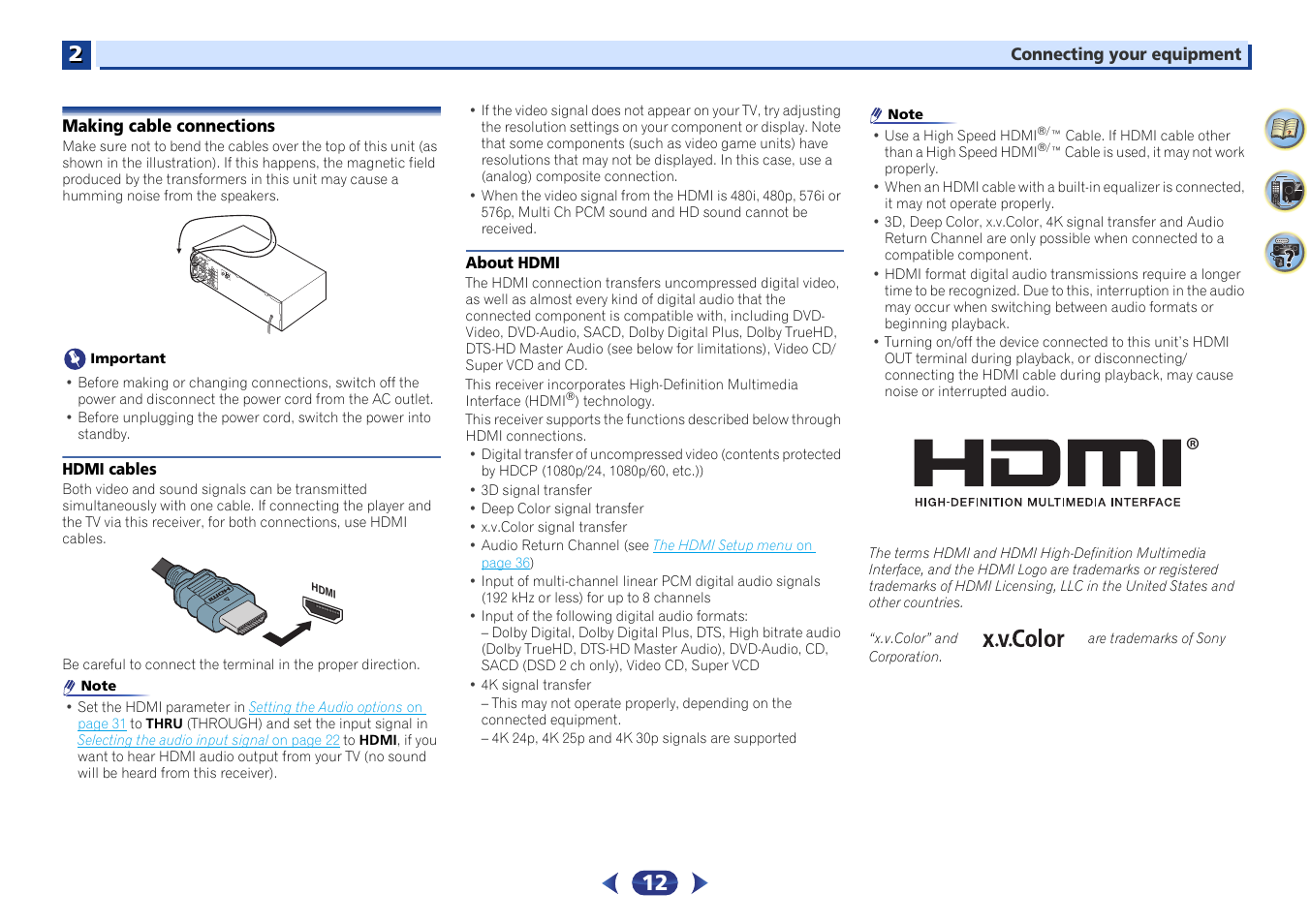 Making cable connections, Hdmi cables, About hdmi | Pioneer VSX-423-S User Manual | Page 12 / 41