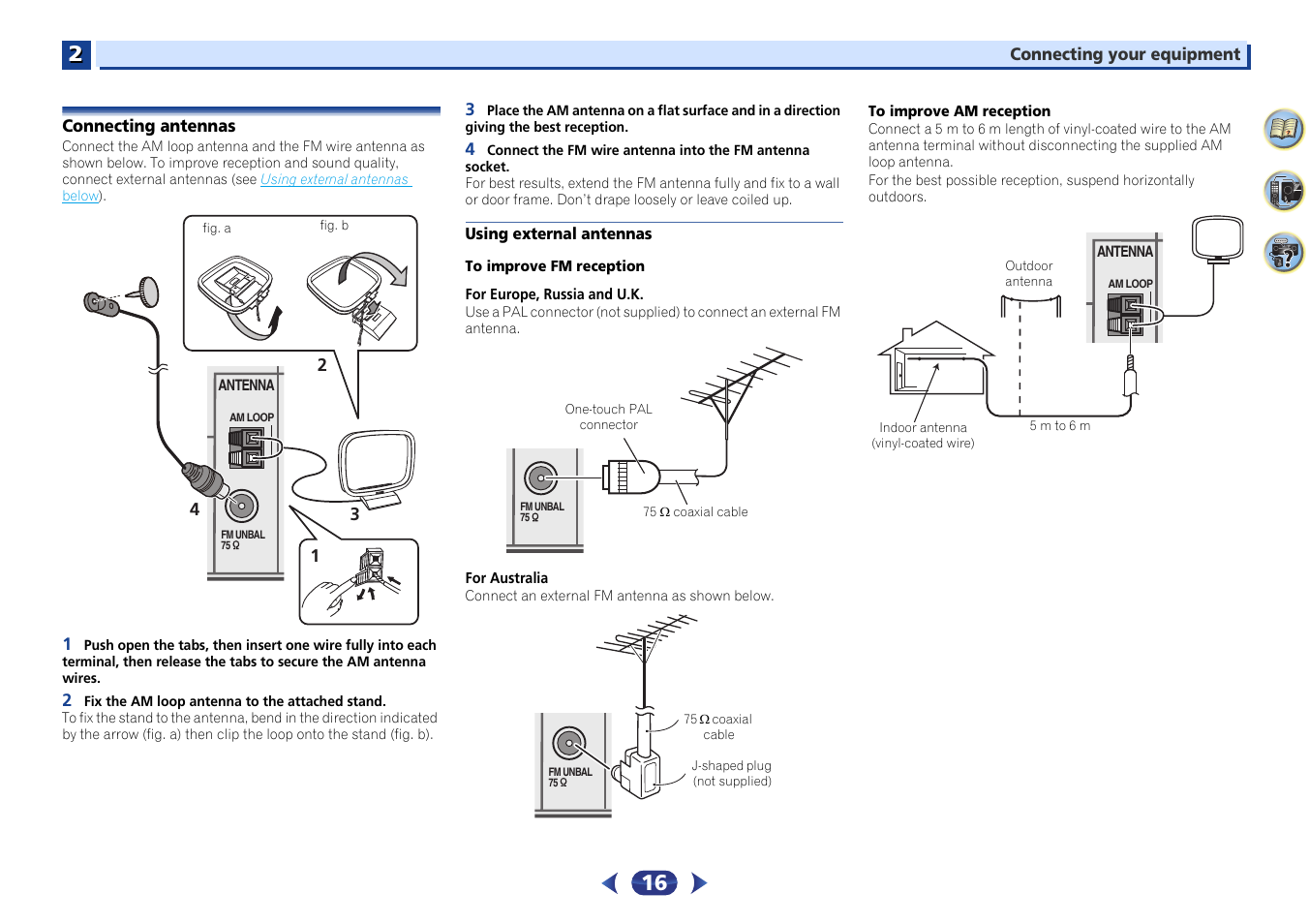 Connecting antennas, Using external antennas | Pioneer VSX-423-S User Manual | Page 16 / 41