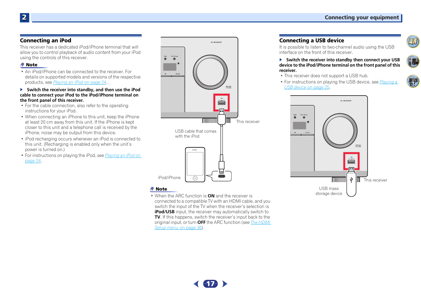 Connecting an ipod, Connecting a usb device | Pioneer VSX-423-S User Manual | Page 17 / 41