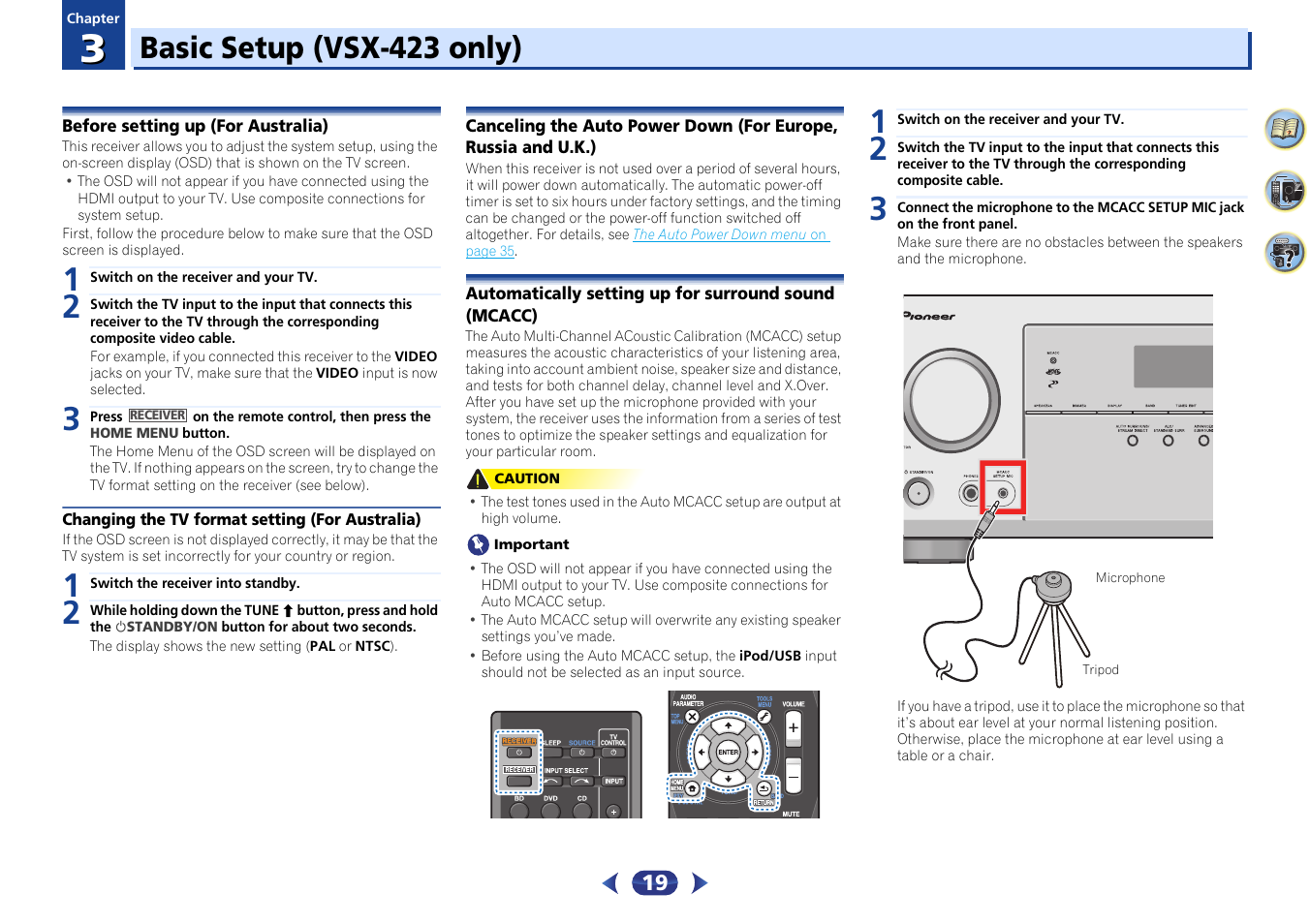 03 basic setup (vsx-423 only), Before setting up (for australia), Changing the tv format setting (for australia) | U.k.), Automatically setting up for surround sound, Mcacc), Basic setup (vsx-423 only) | Pioneer VSX-423-S User Manual | Page 19 / 41