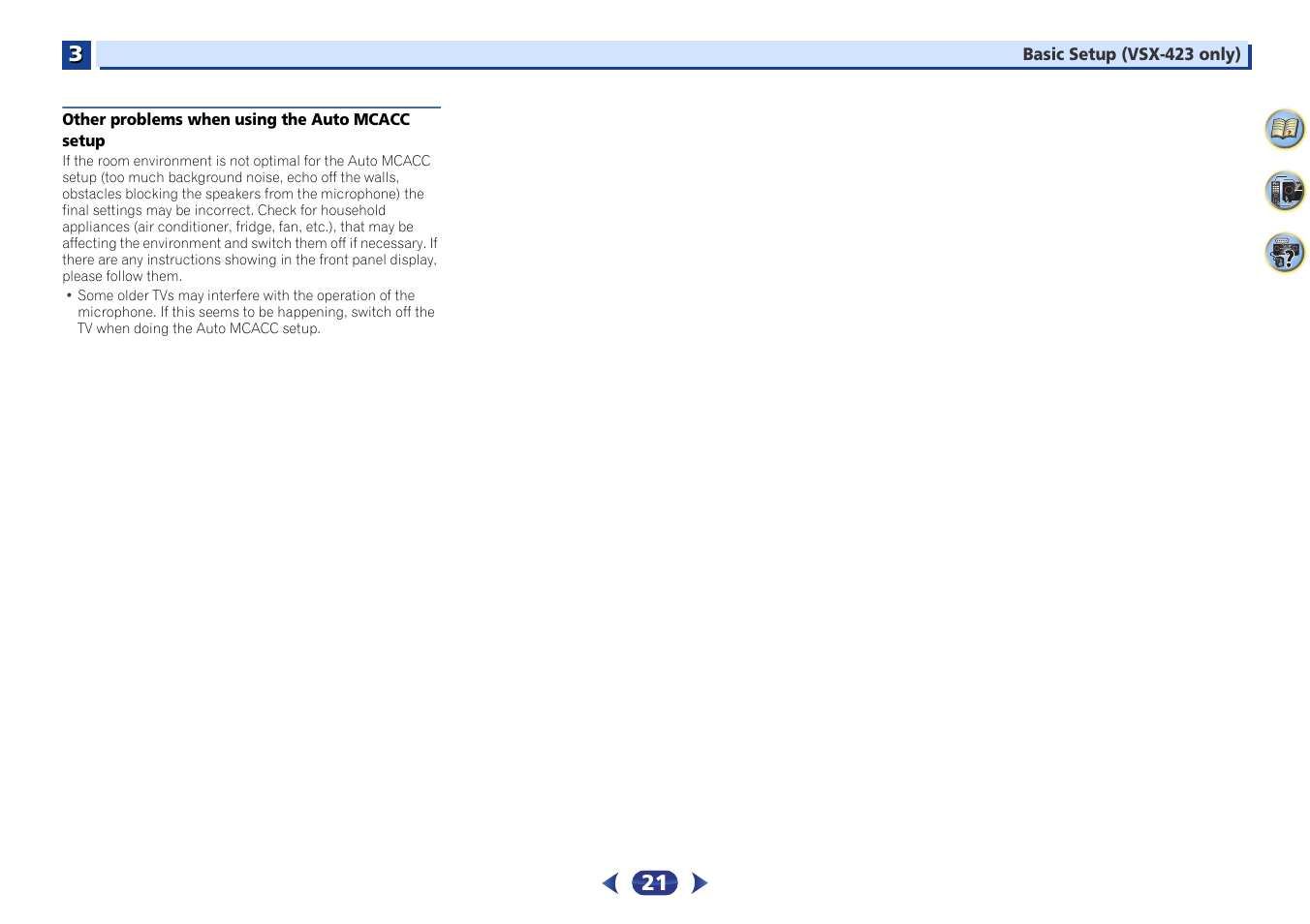 Other problems when using the auto mcacc, Setup | Pioneer VSX-423-S User Manual | Page 21 / 41